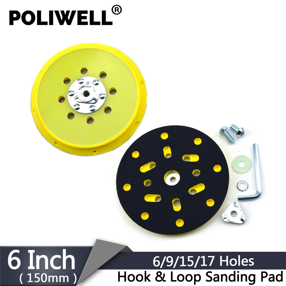 

POLIWELL 6 Inch 150mm Hook&Loop Sanding Pad fits 6/9/15/17 Holes Dust-Free M8 and 5/16-24''Thread Backing Pad for Sander Grinder