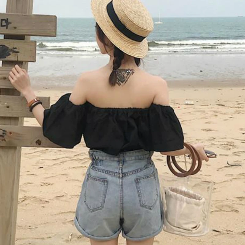 T-shirts Womens Summer Slash Neck Off Shoulder Solid Sexy Chic Loose All-match Crop Tops Elastic Girlish Fairy  White New