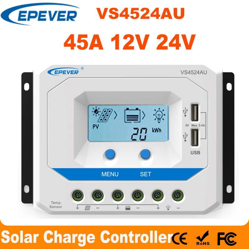 Epever 45a Controlador Solar 12v 24v Auto Vs4524au Pwm Controlador de Carga com Construído em Display Lcd e Duplo Usb 5v Porto