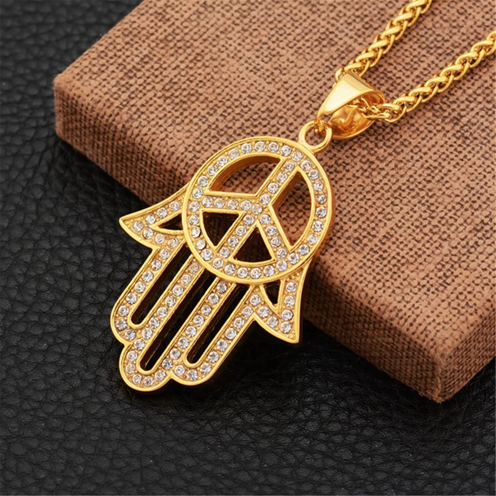 Hamsa Necklace Golden Necklace Hand of Fatima Stainless Steel Peace Love Sign Anti War Symbol Pendant with Zircon for Men Women