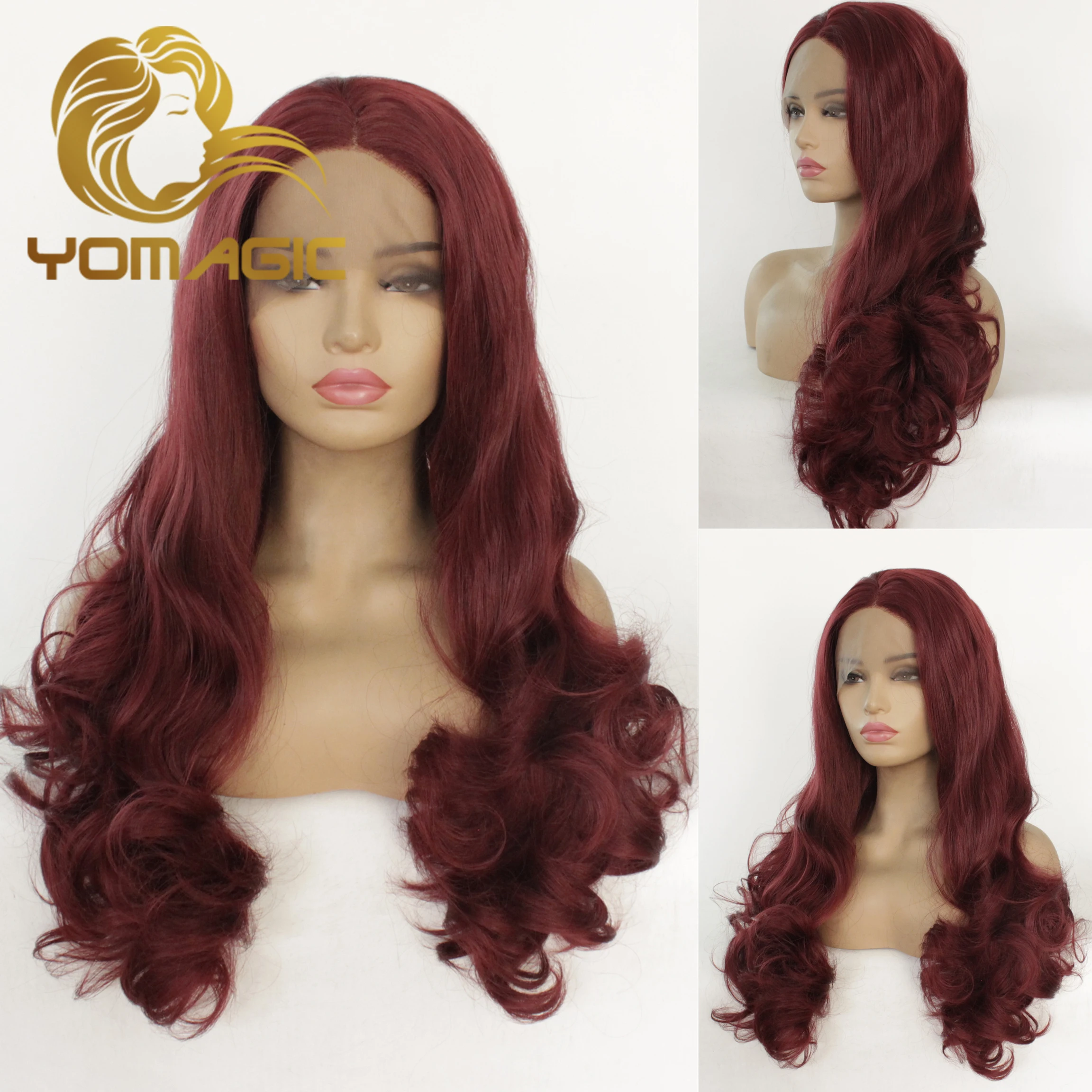 Yomagic 99J Synthetic 13X3 Lace Front Wigs With Baby Hair Wave Heat Resistant Red Lace Wigs For Women Pre Plucked