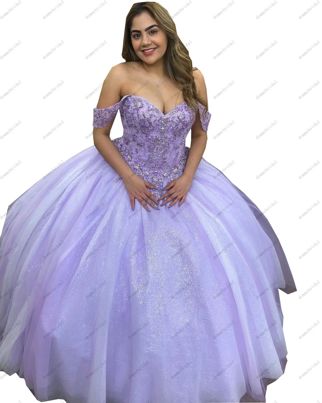 Блестящее бальное платье с лавандой, платья для Quinceanera с открытыми плечами и короткими рукавами, блестящее фатиновое платье