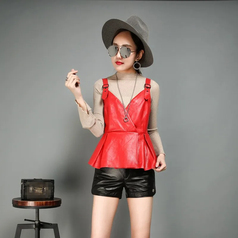 New Fashion Women Casual Suspenders Vest Ruffles Sheepskin Genuine Leather Female Outwear Short Style Waistcoat Slim Fit Jackets