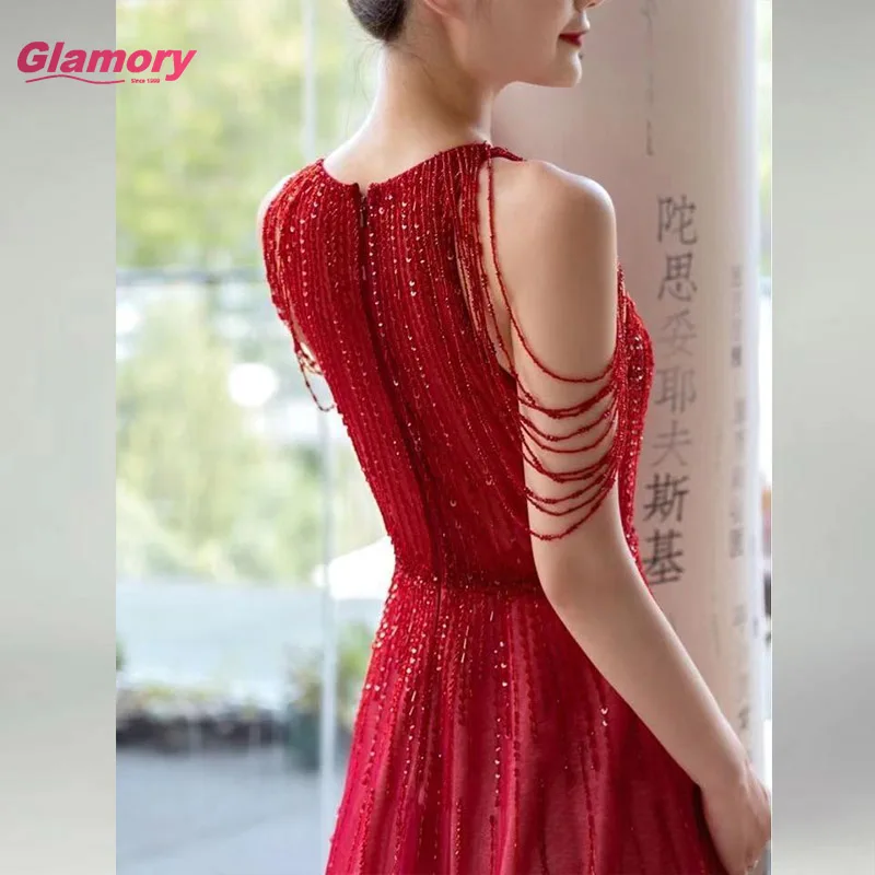 Gradient Red A Line Sleeveless Elegant Luxury Evening Dresses Beading Tassel Gowns For Women Party