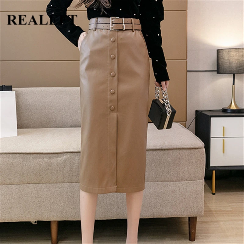 REALEFT 2021 New Autumn Winter PU Leather Women's Wrap Skirts with Belted High Waist Single Breasted Sheath Mid-calf Skirts