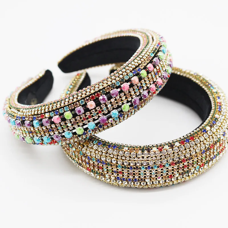 New Fashion Luxury Baroque Headband Sponge Padded Colorful Crystals Rhinestone Wide Cross Hair Band Women Party Hair Accessories