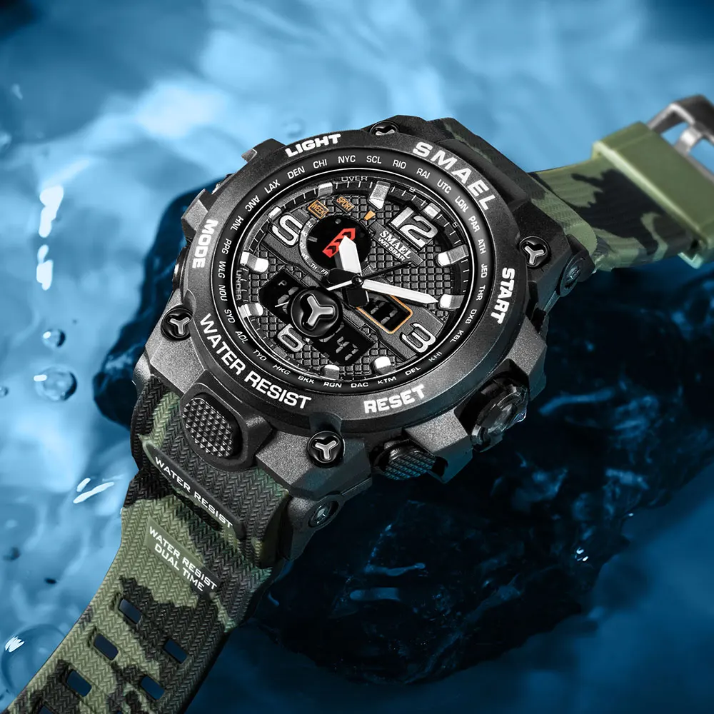 SMAEL Brand 1545D Men Sports Watches Dual Display Analog Digital LED Electronic Quartz Wristwatches Waterproof Swimming Watch