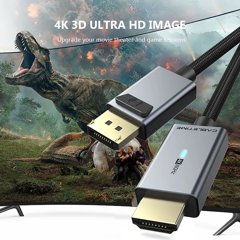 CABLETIME DisplayPort to HDMI Cable 4K 60Hz DP to HDMI Cable Converter DP1.2 for HDTV Projector Laptop PC DP to HDMI Cable