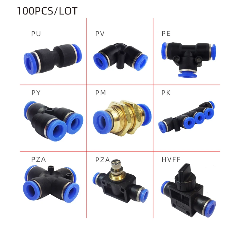 100PCS PE PU PV PM PZA PK PY LSA 4-16mm Air Pipe Quick Coupling Release Plastic Connector Push In One Touch Pneumatic Fittings