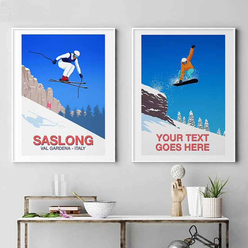Personalisierte Skigeschenke, individuelle Kunstplakate und Drucke, Val Gardena Skisort, Leinwandgemälde, Wandgemälde, Wohnzimmer, Heimdekoration