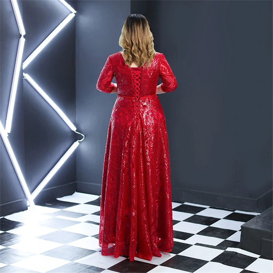 Sequins Evening Dress Burgundy Plus Size Women Party Dresses 2019 T255 V-neck Robe De Soiree Three Quarter Sleeve Evening Gowns