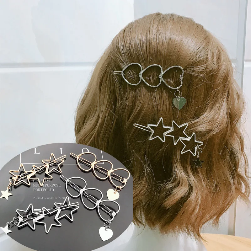 Fashion new girl love five-pointed star alloy clip bangs clip adult simple hollow hairpin clip child woman Hair Accessories