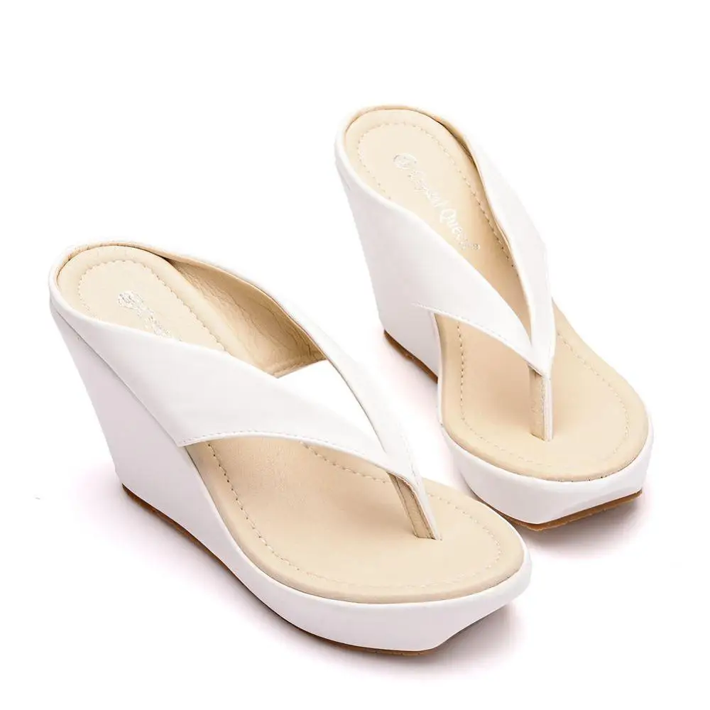 Crystal Queen Platform Wedges Flip Flops High Heels Slippers White Beach Sandals Bohemia Pink