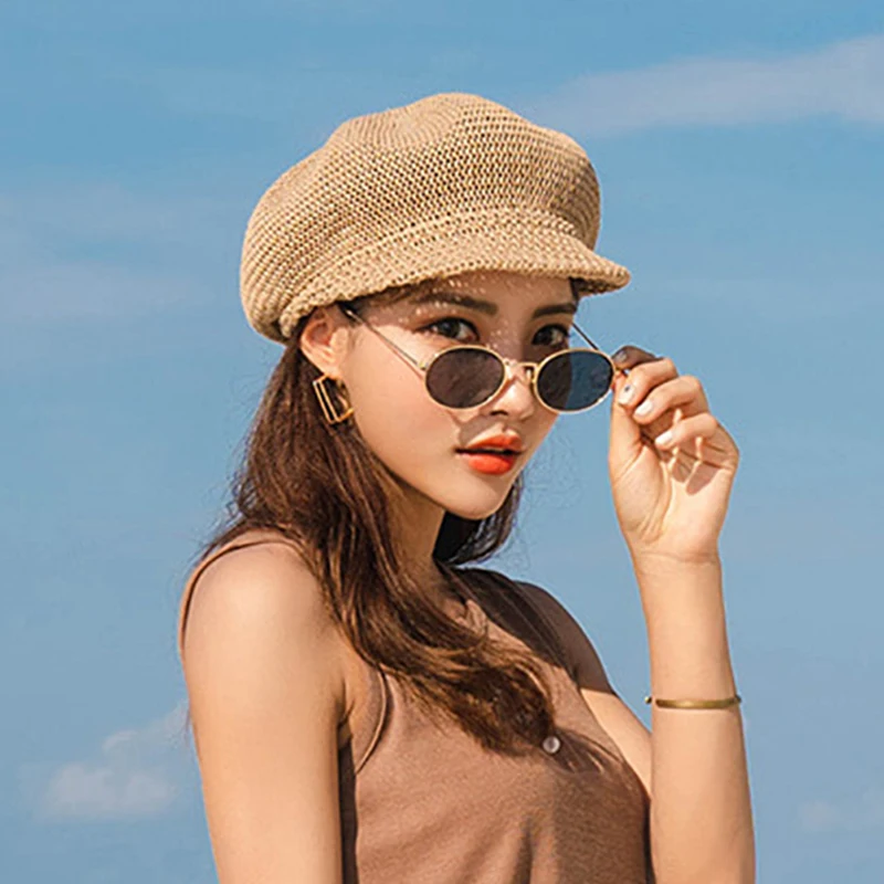 2021 Octagonal Cap Straw Women Summer Thin Newsboy Cap Painter Adjustable Rope Knitted Beret Mesh Breathable Boinas Para Mujer