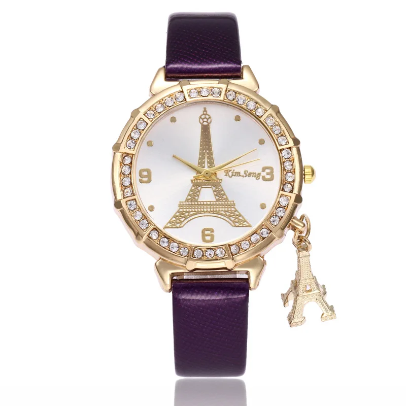 Custom Ladies Quartz Watches Fashion Paris Eiffel Tower Watches Women Faux Leather Watches Women Rhinestone Watches Bracelet OEM