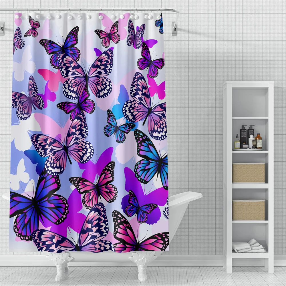 Colorful Butterfly Printing Shower Curtains Pink Flowers Watercolor Polyester Waterproof Bath Screen Bathroom Decor With Hooks