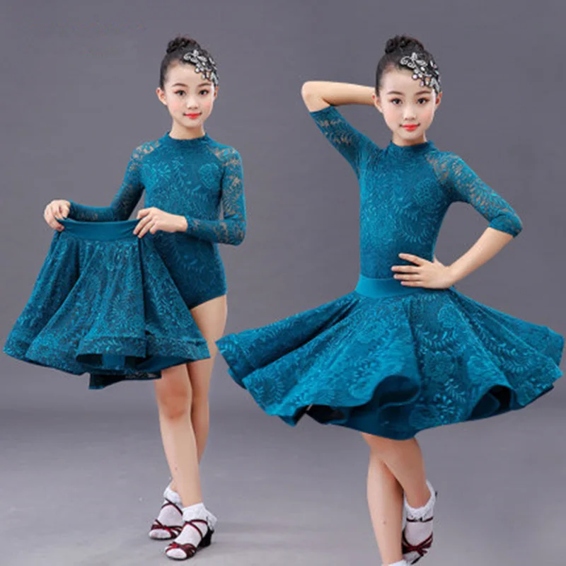 Girls long sleeve Latin Dance Skirt Ballroom Salsa Tango Skirts Kid Child Lace Latin Dance Split Dress With Leotard and Skirt