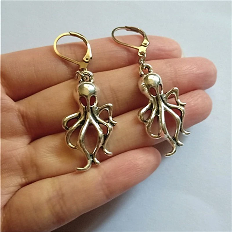 Silver Color Octopus Leverback Earrings Octopus Nautical Leverback Earrings Octopus Pendant Leverback Earrings Octopus Jewelry