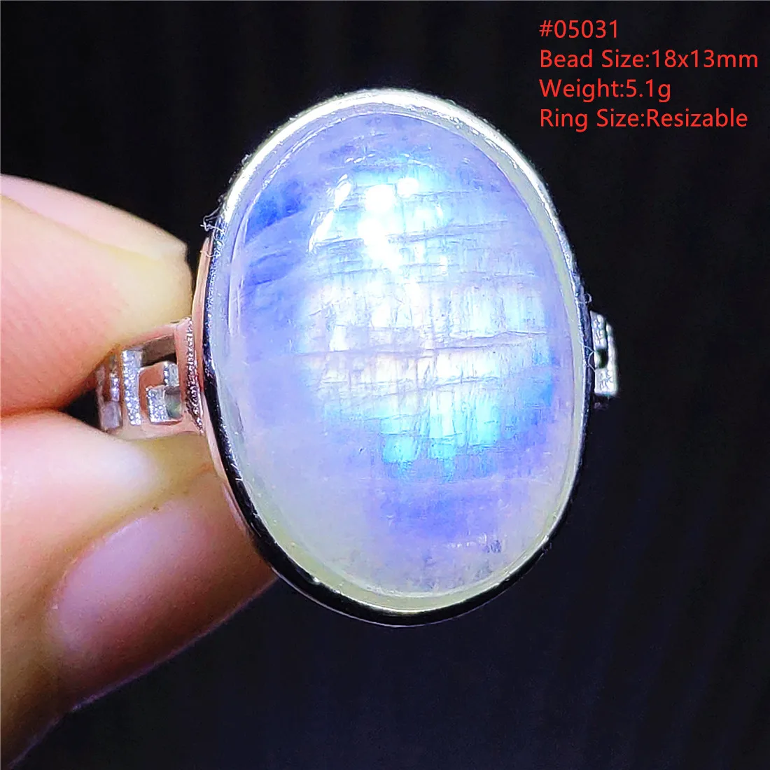 

Natural Blue Light Moonstone Ring Adjustable Ring Crystal Woman Men Big 925 Sterling Silver Moonstone Ring AAAAA