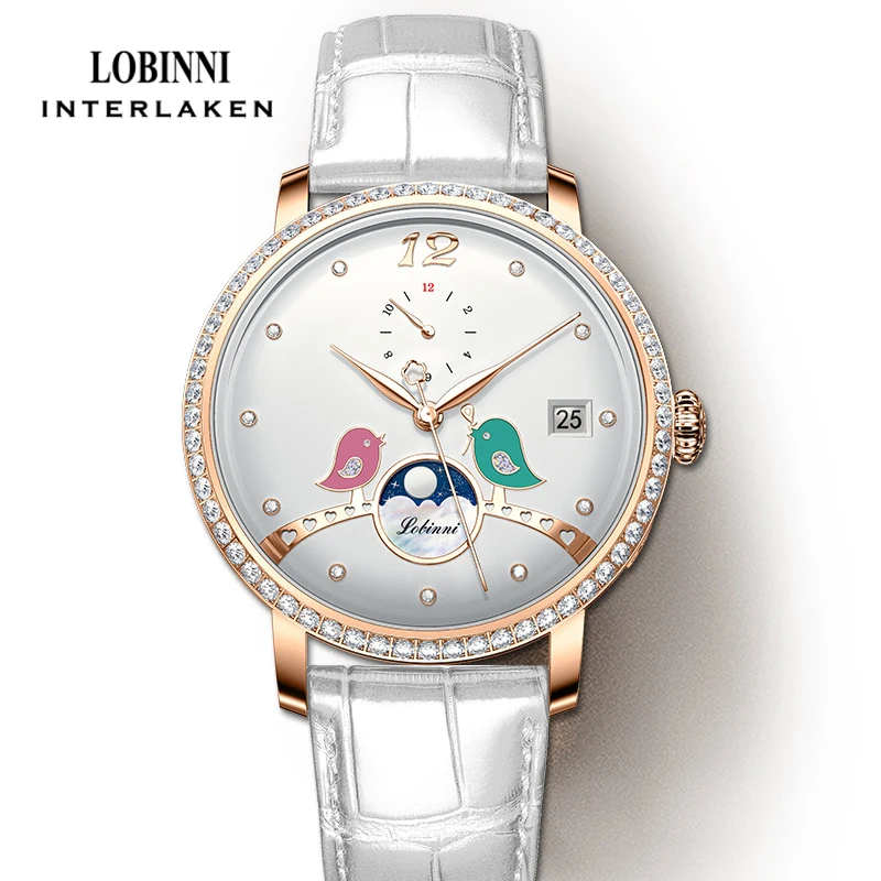 Reloj LOBINNI para mujer, correa de cuero genuino, esfera de diamante, fase lunar, reloj mecánico automático, reloj femenino de cristal de zafiro