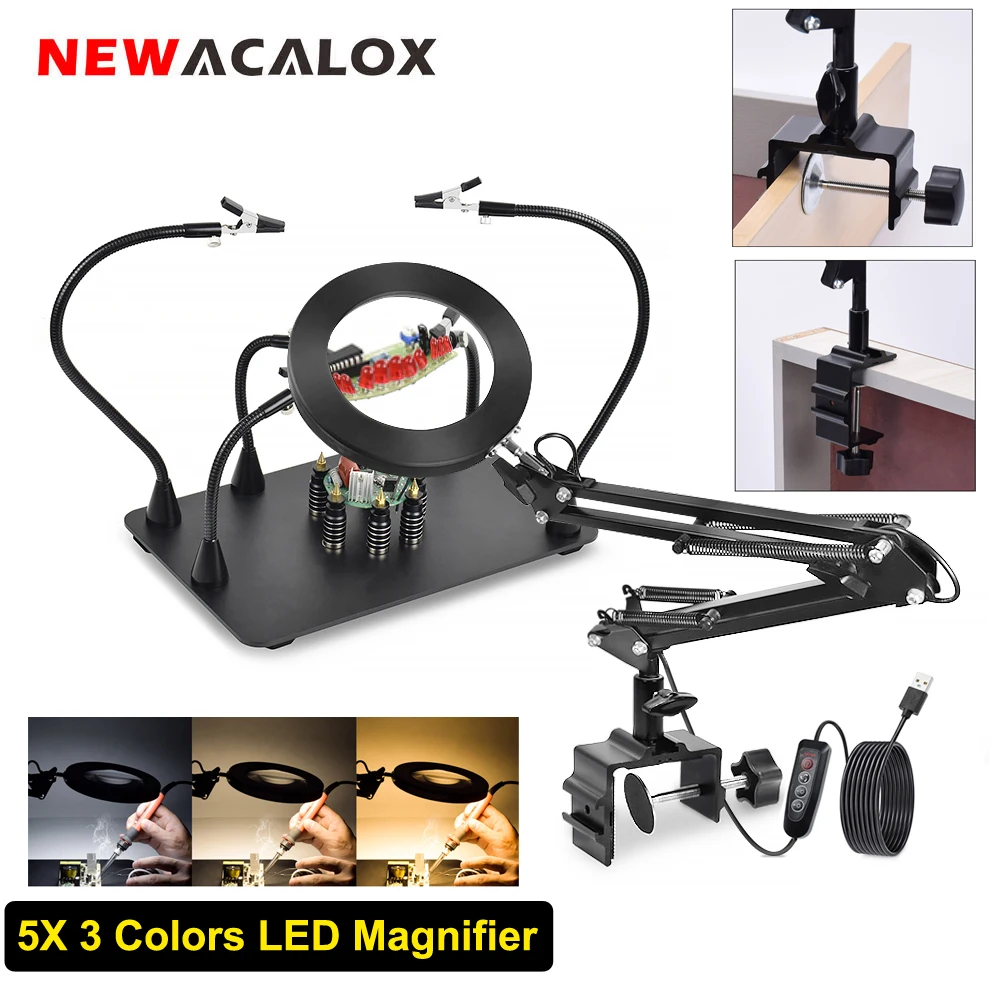 Newacalox-suporte de Solda com Usb Pcb Clip Holder Terceira Mão Welding Repair Tool Kit 5x Led Magnifier Light