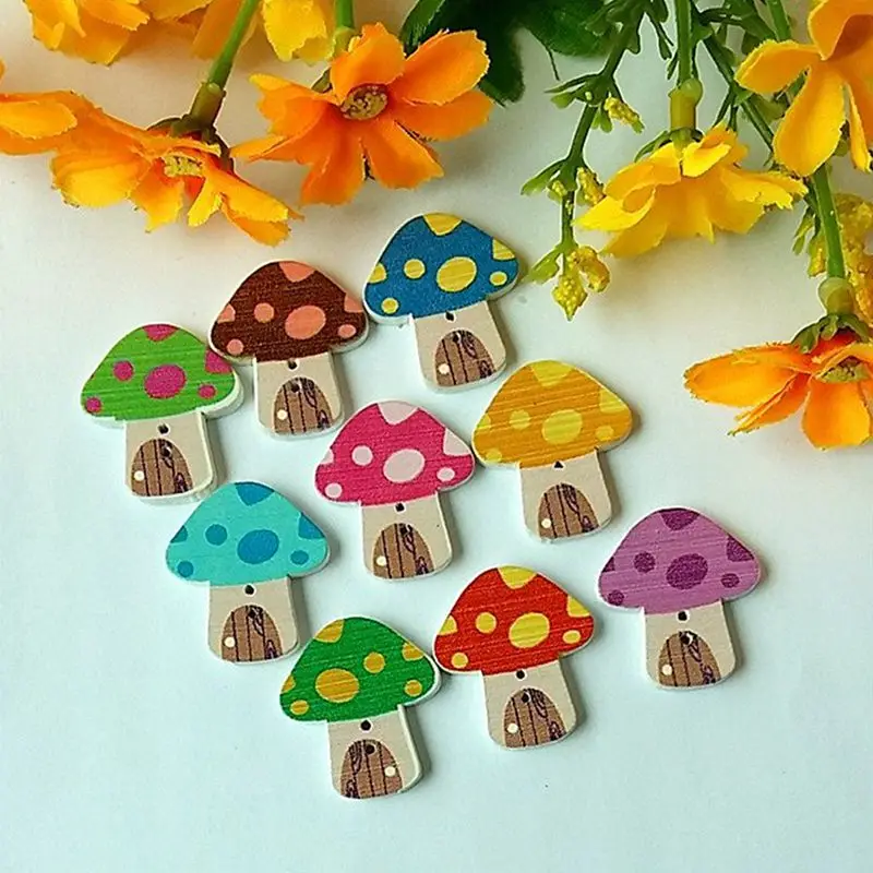 50pcs/lot  Mushroom Shaped 2 Holes Wooden Buttons 23*26mm Scrapbooking Supplies For Craft Decorative Random Mixed buttons