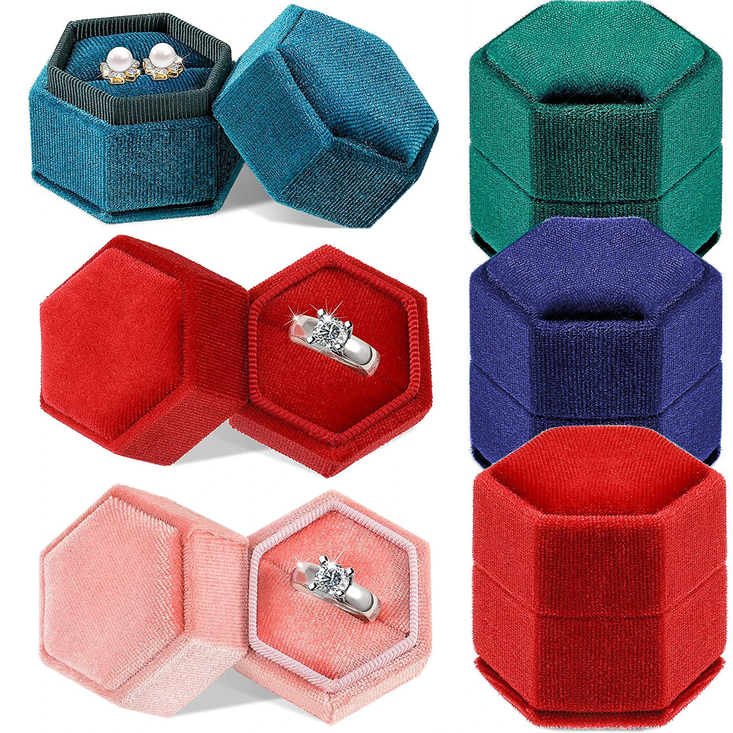 Caja de joyería de terciopelo con forma cuadrada hexagonal, doble almacenamiento de anillo, exhibición de anillo de boda para mujer, embalaje de pendientes de regalo