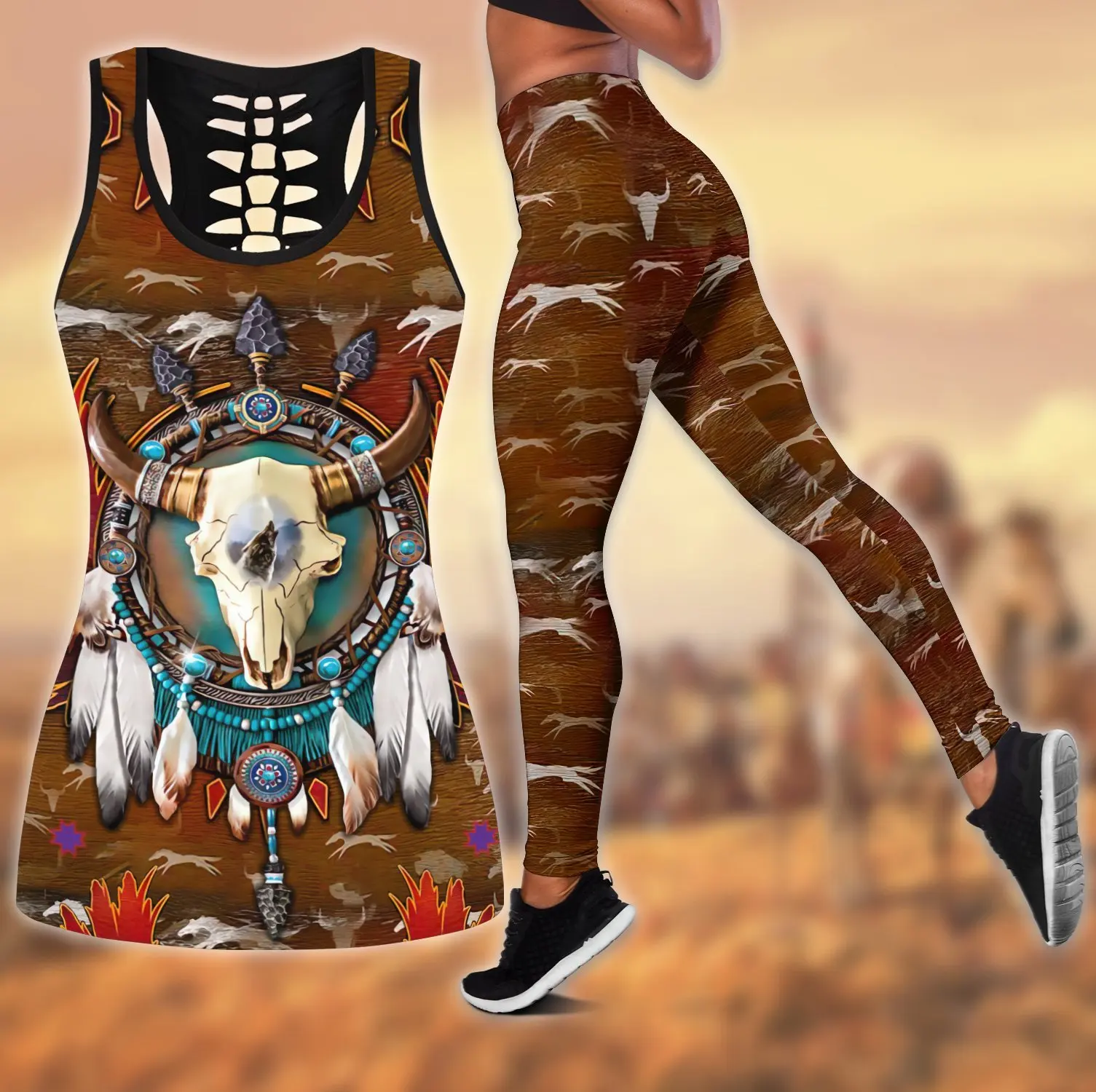 

Native Indian 3D All Over Printed Hollow Tank Top & Leggings Set Fitness Female Full Length Leggings Running Pants DDK56