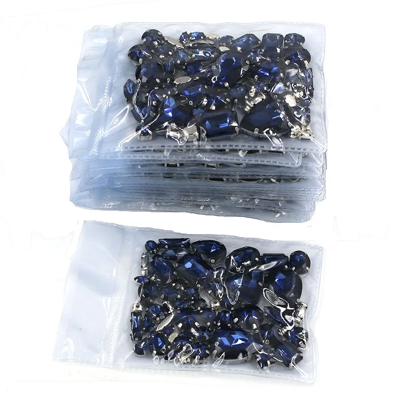 Clothing accessories  Wholesale 5 bags mixed shape glass crystal sliver base Ink-blue sew on rhinestones diy wedding dress