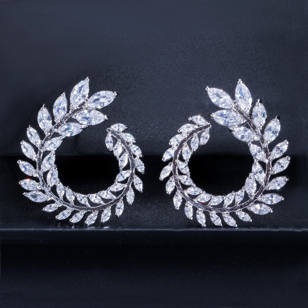 ThreeGraces Famous Design Sparkling Olive Branch Leaf Shape Marquise Cut Luxury Cubic Zirconia Stud Earrings for Women ER282