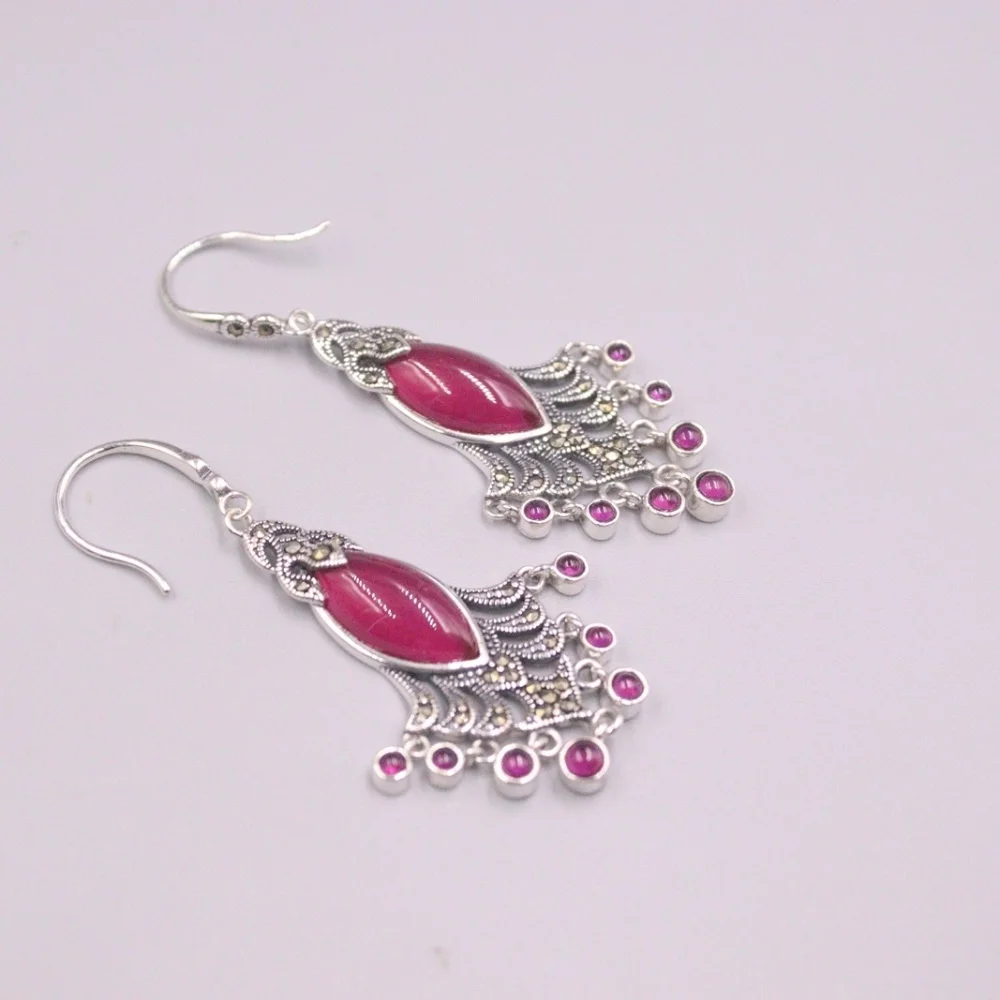 Genuine Real 925 Sterling Silver with Marquise Red Chalcedony Dangle Earrings 2.2inch Length