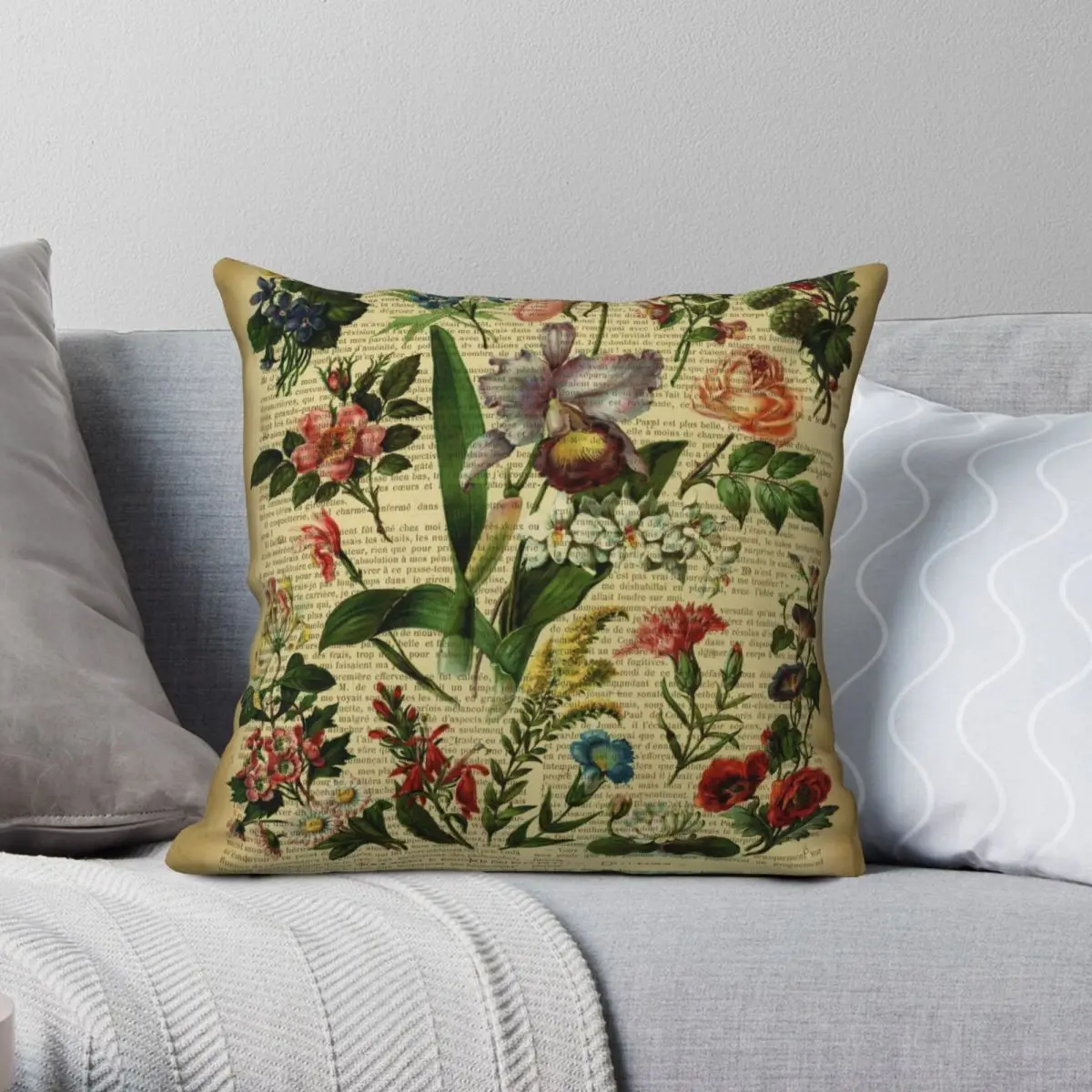 Botanical Print On Old Book Page Garden Flowers Square Pillowcase Polyester Linen Velvet Printed Decor Throw Pillow Case Home