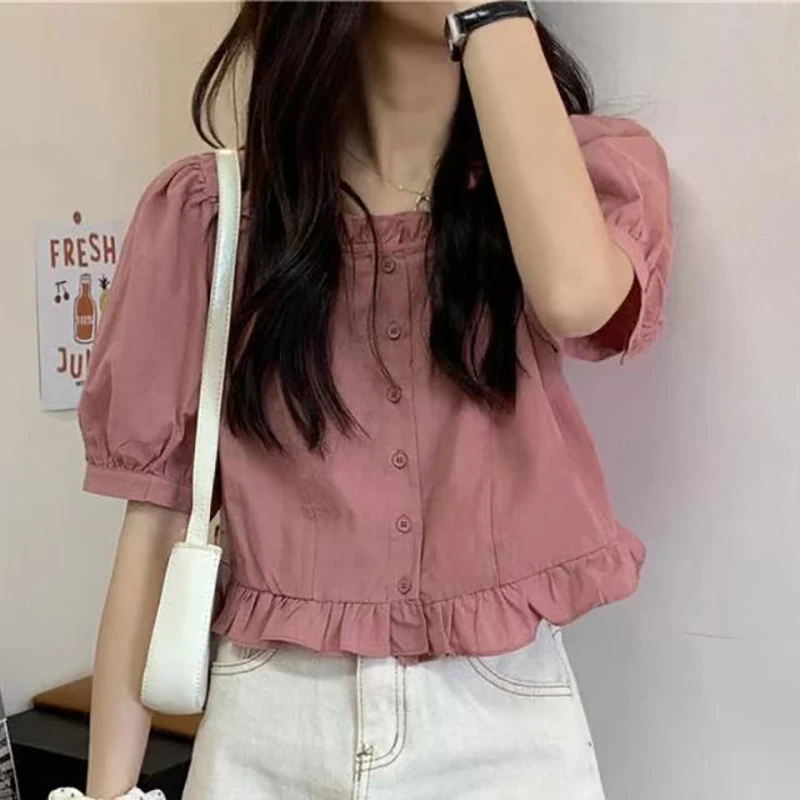 Camisa corta con volantes para mujer, Blusa de algodón de manga corta abombada con botones delanteros, color sólido