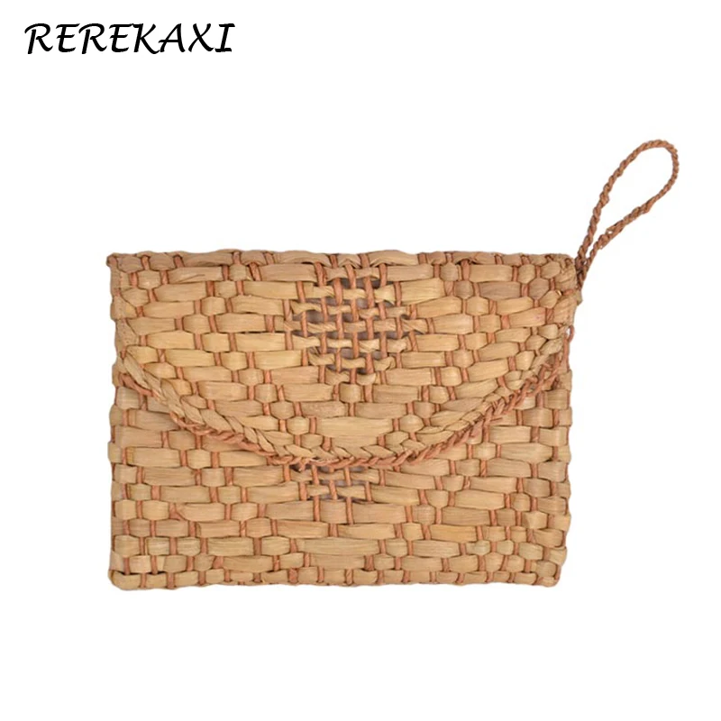 Handmade Women\'s Clutch Bohemian Straw Bag Summer Woven Beach Bags Rattan Woven Female Handbag Knitted Evening Bag Flip Purse