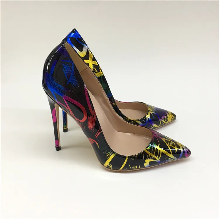 Sexy women thin high heels patent women pumps party shoes printed dress heels 12cm heels