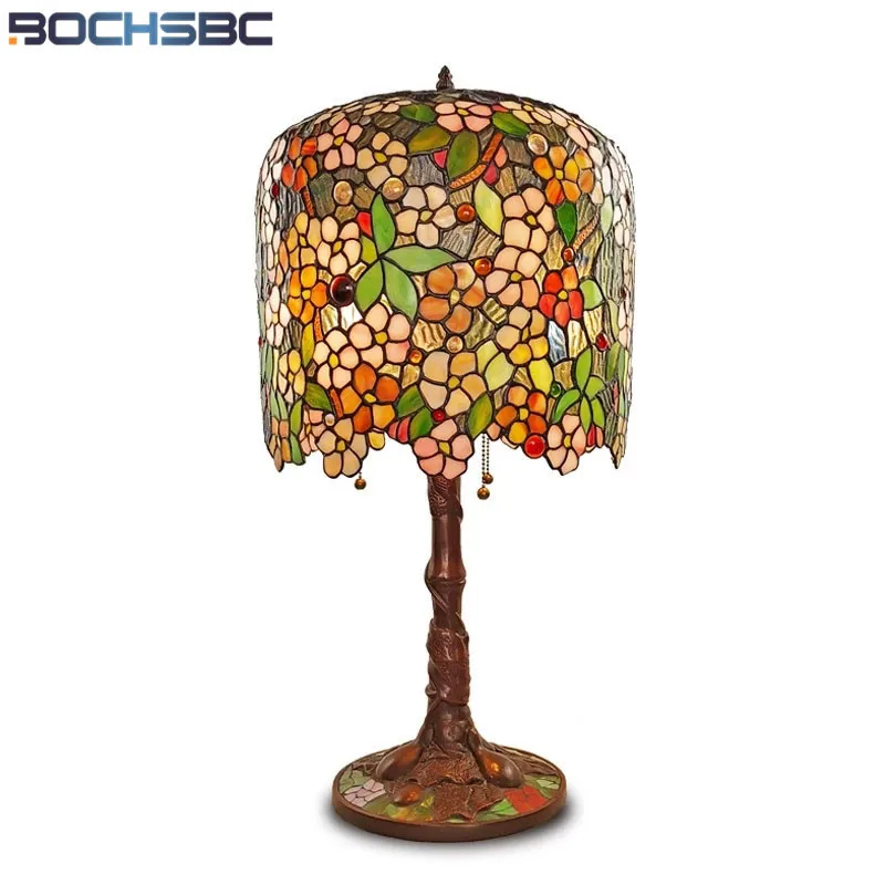 BOCHSBC Tiffany Style Table Lamp Wisteria Apple Flower Grape Stained Glass Shade Copper Cast Iron Mosaic Base Art Decor