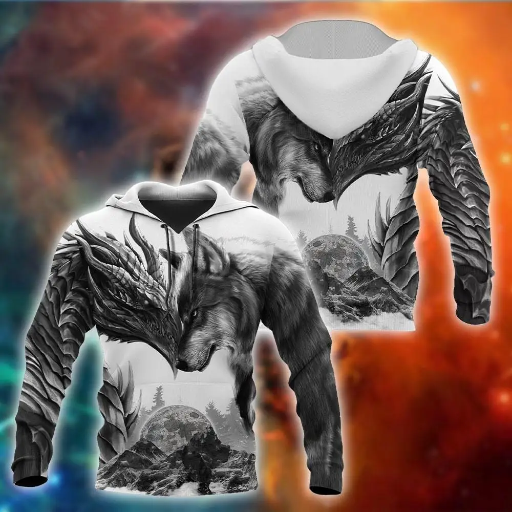 Tattoos dragon and wolf 3D All Over Printed Men Hoodies Sweatshirt Unisex Streetwear Zipper Pullover Casual Jacket KJ0202