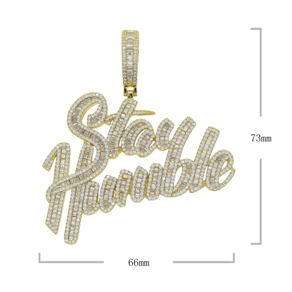 New Iced Out Bling Cursive Letter Stay Humble Pendant Necklace Gold Color Full CZ Zircon Charm Men Fashion Hiphop Jewelry