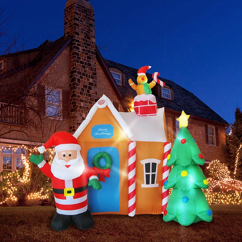 6 Ft Christmas Inflatable Santa\'s House with Christmas Tree & Gingerbread Man LED Blow Up Yard Decorations Christmas Party Toys