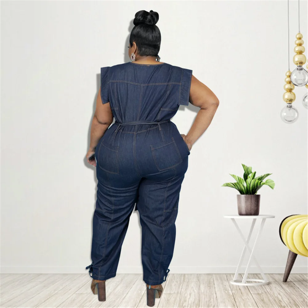 Kombinezon Plus Size odzież damska Denim okrągły sznurowany dekolt bez rękawów spodnie kieszonkowe elastyczne body hurtownia Dropshipping