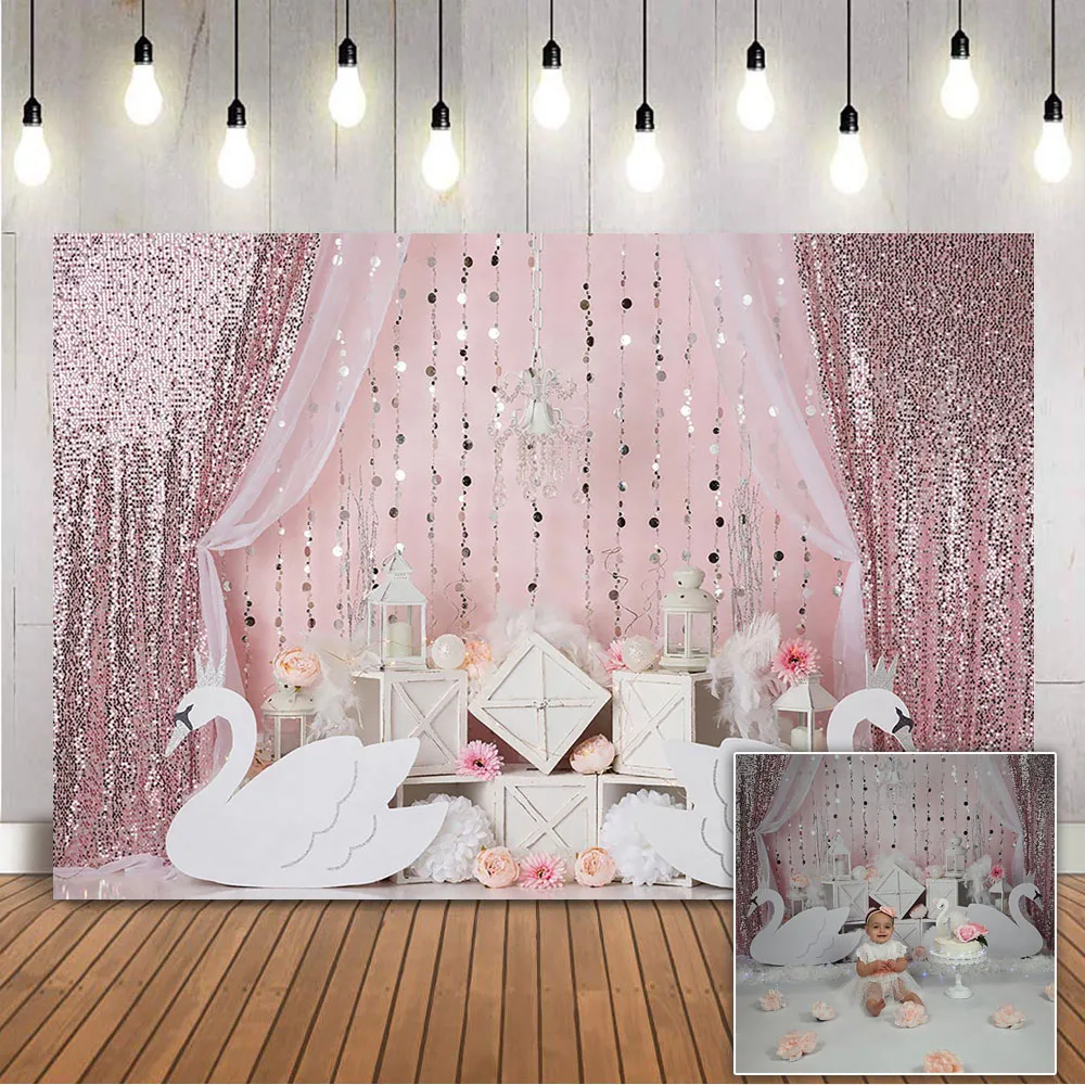 

Swan Birthday Backdrop Newborn Kids Portrait Photography Background Pink Curtain Birthday Theme Party Decoration Banner Props