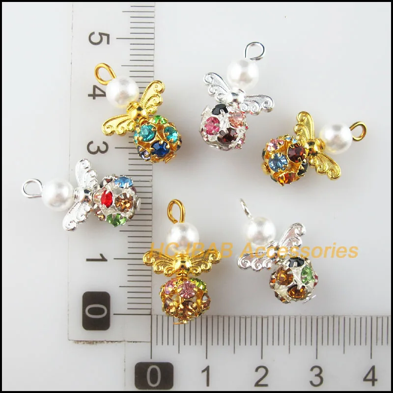 10Pcs Silver Plated & Gold Color Colored Crystal White Angel Charms Pendants 14x22mm