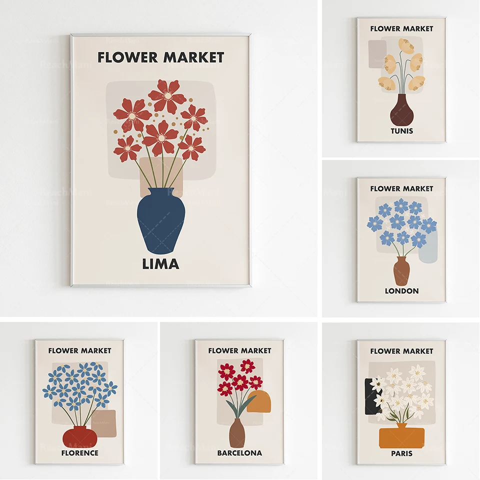 

Flower market 6-piece set, flower printing posters, plant printing, flower wall art, illustrated modern posters,