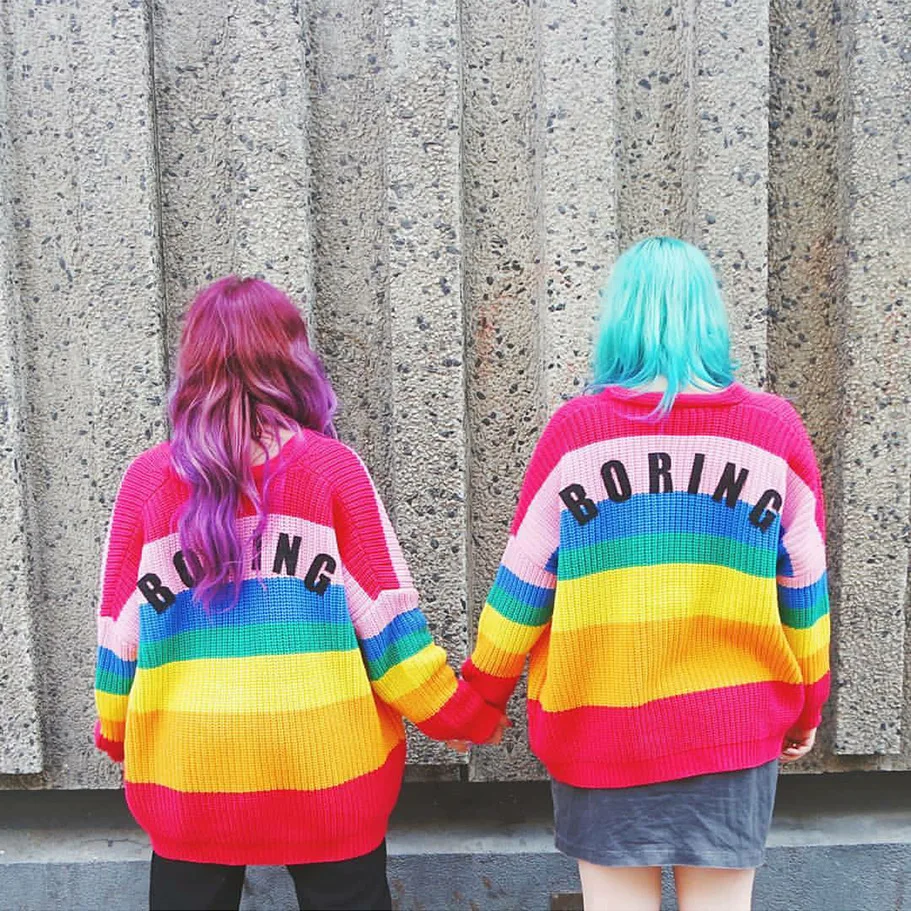 BORING Letters Rainbow Multicolor Striped Loose Kimono Cardigan Women Fall Winter Knitted Cardigan Sweet Long Sweater C111