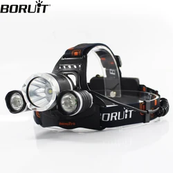 BORUiT-linterna frontal LED para acampada y caza, Faro de 3000LM, 4 modos, resistente al agua, recargable por USB, 18650