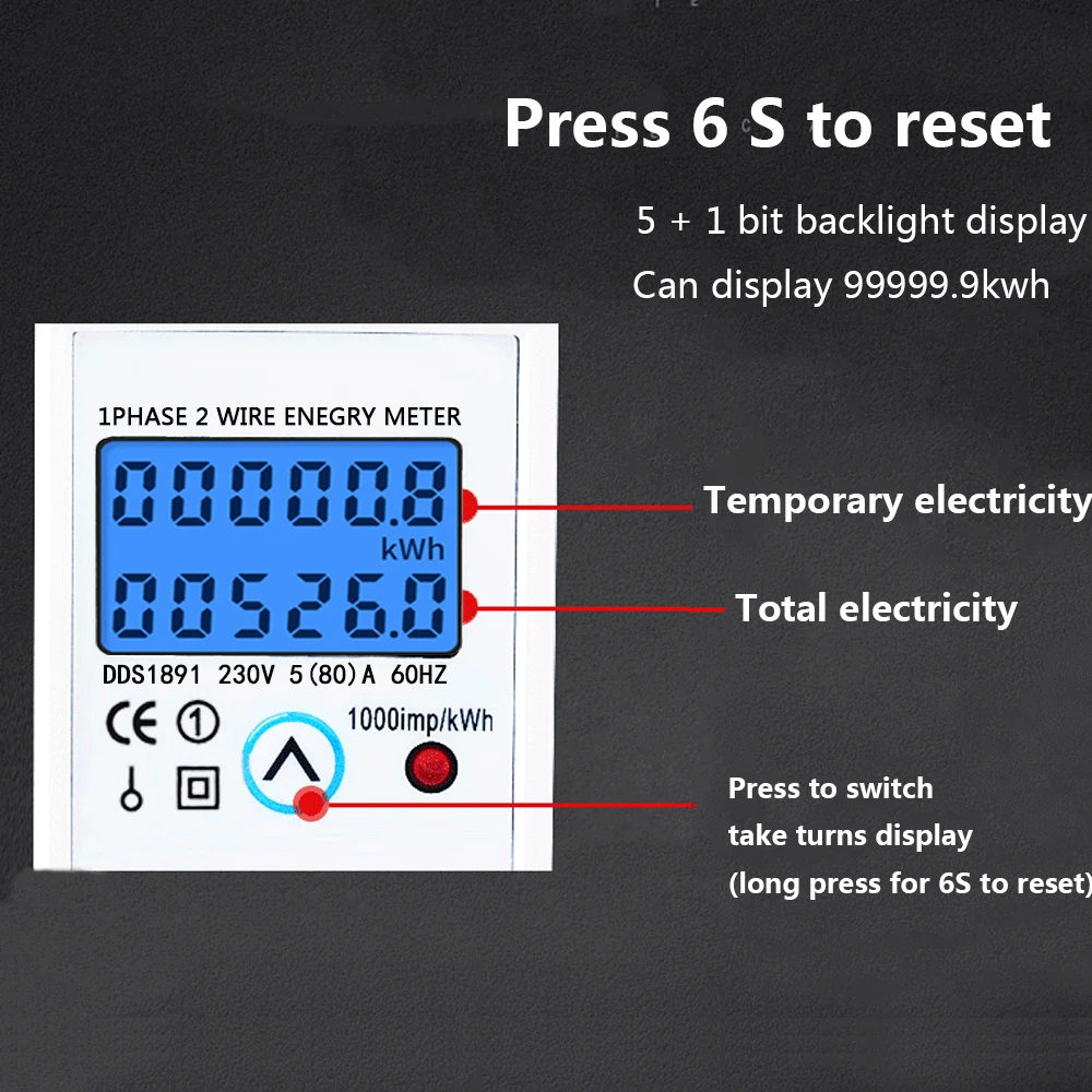 230V 5(80)A  Backlight Power Energy Meter Din Rail KWH Voltage Current Meter with Reset Function