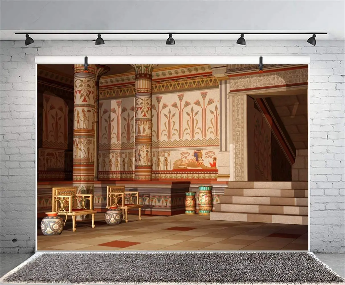 Ancient Egyptian Palace Doorway Photography Backdrop Antique Egypt Mural Wall Paintings Pillars Stages Chairs Background Banner