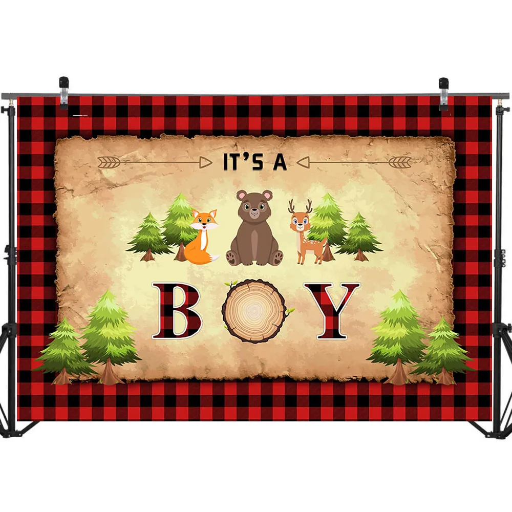 Wild One Photo Backdrop It's a Boy Woodland Bear and Fox Buffalo Photo Background Baby Shower Cake Table Banner Decoration