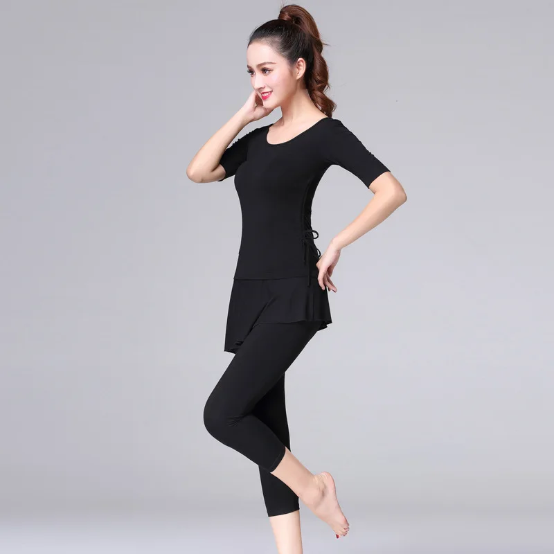 Short Sleeve Latin Dance Tops+pants Suit Practice Clothes Drawstring Female Modern Dance Ballroom Tango Cha Cha Rumba Costumes