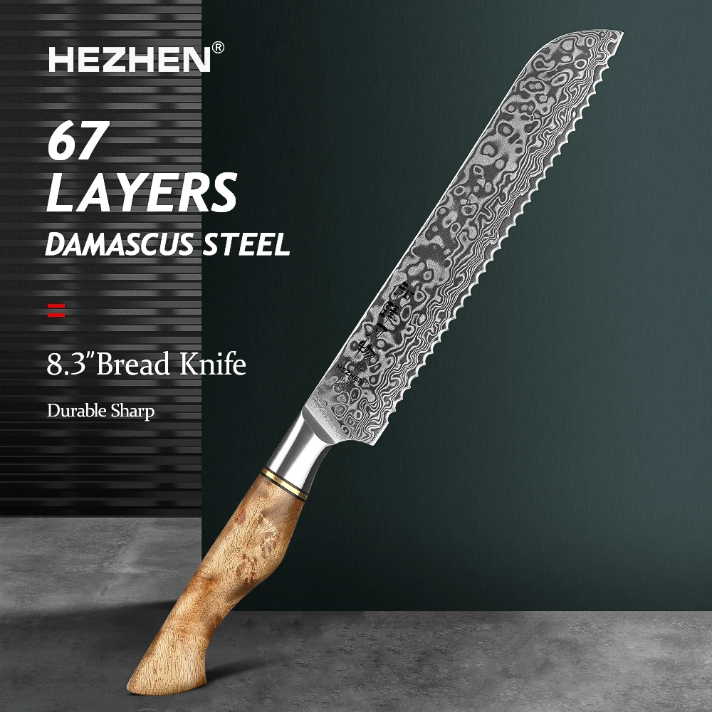 

HEZHEN 8 Inches Bread Knife Damascus Super Steel Cake Service Knives Chef Watermelon Cook Kitchen Knife